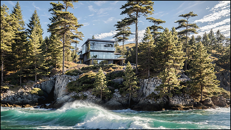 Exterior rendering of a modern house overlooking a rocky river and forest