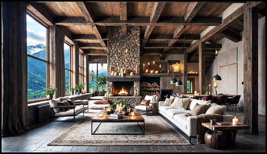 Architectural interior rendering of a rustic lounge