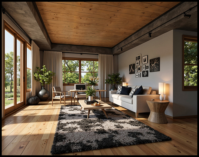 Interior concept rendering of a family room with timber ceiling, grey sofas and garden views