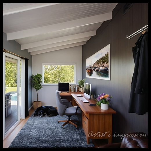 Interior rendering of a detached sleepout and office studio